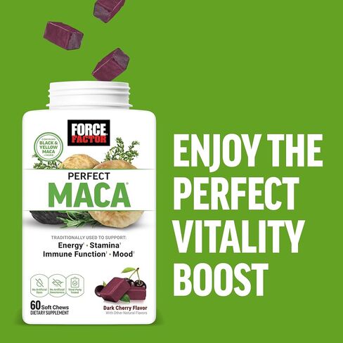 FORCE FACTOR Perfect Maca, Maca Root and DIM Supplement with Saffron to Boost Energy and Mood, with Yellow and Black Maca, Vitamins, Minerals, and Antioxidants, Dark Cherry Flavor, 60 Soft Chews in Saudi Arabia