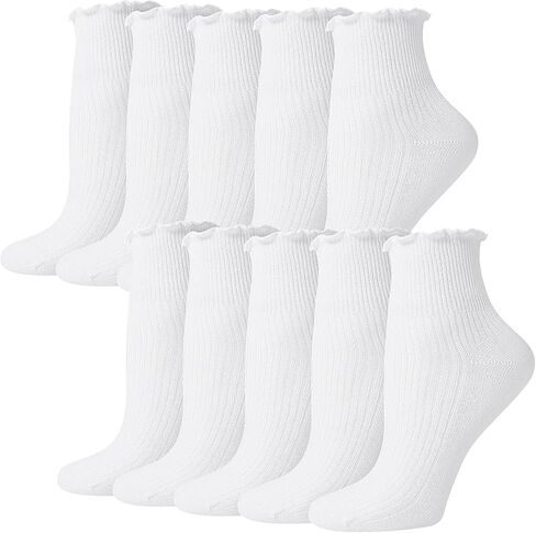 10 أزواج من الجوارب البيضاء المكشكشة جوارب مكشكشة للفتيات والنساء جوارب لطيفة للكاحل جوارب قابلة للتنفس من القطن الدافئ الناعم غير الرسمي مقاس 5-9 in Kuwait
