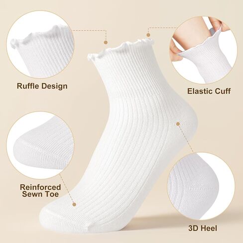 10 أزواج من الجوارب البيضاء المكشكشة جوارب مكشكشة للفتيات والنساء جوارب لطيفة للكاحل جوارب قابلة للتنفس من القطن الدافئ الناعم غير الرسمي مقاس 5-9 in Kuwait