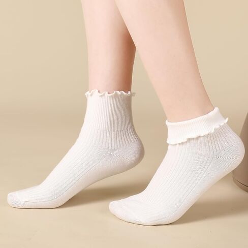 10 أزواج من الجوارب البيضاء المكشكشة جوارب مكشكشة للفتيات والنساء جوارب لطيفة للكاحل جوارب قابلة للتنفس من القطن الدافئ الناعم غير الرسمي مقاس 5-9 in Kuwait