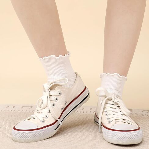 10 أزواج من الجوارب البيضاء المكشكشة جوارب مكشكشة للفتيات والنساء جوارب لطيفة للكاحل جوارب قابلة للتنفس من القطن الدافئ الناعم غير الرسمي مقاس 5-9 in Kuwait