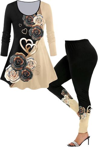ROSEGAL Women Plus Size Two Piece Outfits Rose Print Colorblock Long Sleeve Tee and Leggings Matching Set 2 Piece Casual Set in Saudi Arabia