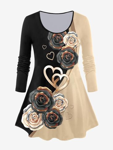 ROSEGAL Women Plus Size Two Piece Outfits Rose Print Colorblock Long Sleeve Tee and Leggings Matching Set 2 Piece Casual Set in Saudi Arabia