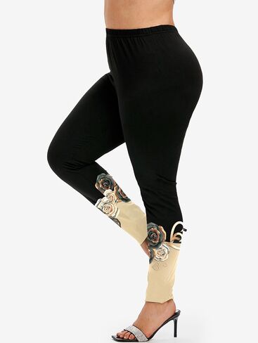 ROSEGAL Women Plus Size Two Piece Outfits Rose Print Colorblock Long Sleeve Tee and Leggings Matching Set 2 Piece Casual Set in Saudi Arabia