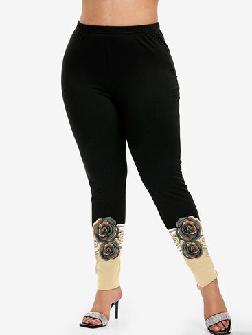 ROSEGAL Women Plus Size Two Piece Outfits Rose Print Colorblock Long Sleeve Tee and Leggings Matching Set 2 Piece Casual Set in Saudi Arabia