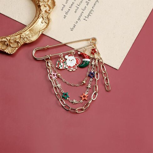 Christmas Brooch Fashion Collar Lapel Pin Fun Christmas Tree Santa Jingle Reindeer Tassel Chain Brooch Versatile Christmas Collection Brooch Winter Clothing Jewelry for Women in Kuwait