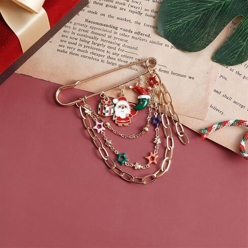 Christmas Brooch Fashion Collar Lapel Pin Fun Christmas Tree Santa Jingle Reindeer Tassel Chain Brooch Versatile Christmas Collection Brooch Winter Clothing Jewelry for Women in Kuwait