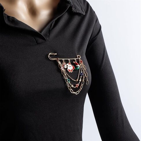 Christmas Brooch Fashion Collar Lapel Pin Fun Christmas Tree Santa Jingle Reindeer Tassel Chain Brooch Versatile Christmas Collection Brooch Winter Clothing Jewelry for Women in Kuwait