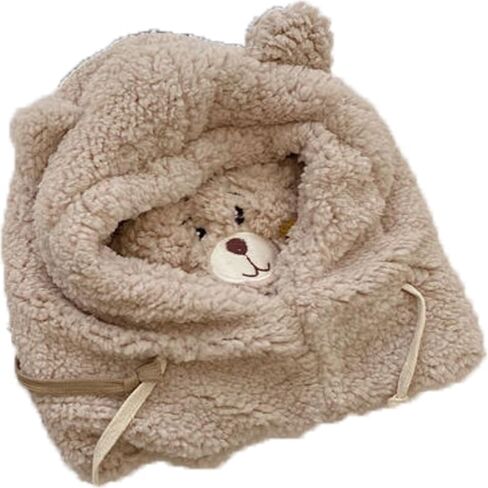 Women Cute Cartoon Bear Winter Warm Hat Thick Plush Hoodie Cap Windproof Neck Warmer Earflap Beanie with Animal Ears Ivory in Kuwait