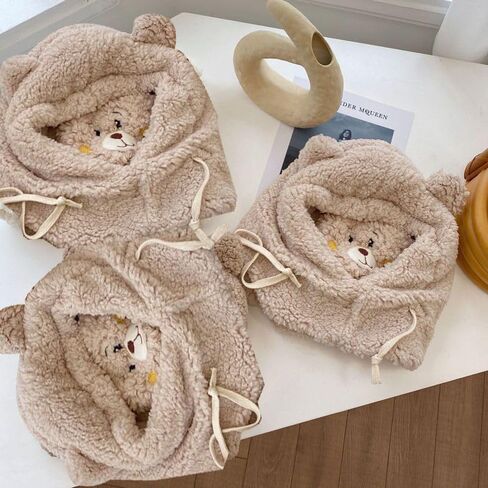 Women Cute Cartoon Bear Winter Warm Hat Thick Plush Hoodie Cap Windproof Neck Warmer Earflap Beanie with Animal Ears Ivory in Kuwait