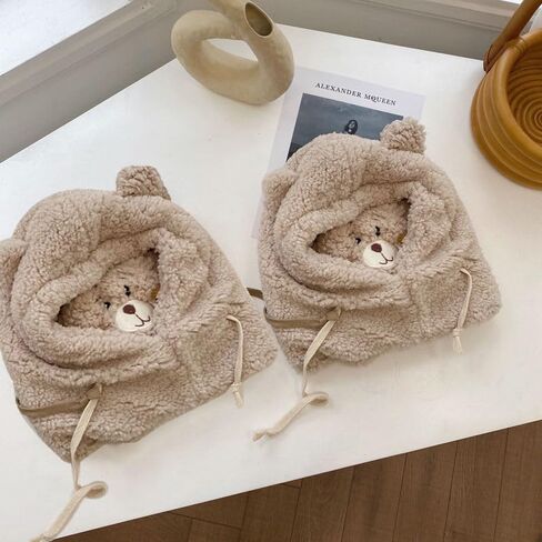 Women Cute Cartoon Bear Winter Warm Hat Thick Plush Hoodie Cap Windproof Neck Warmer Earflap Beanie with Animal Ears Ivory in Kuwait
