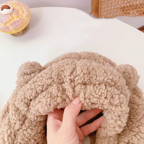 Women Cute Cartoon Bear Winter Warm Hat Thick Plush Hoodie Cap Windproof Neck Warmer Earflap Beanie with Animal Ears Ivory in Kuwait