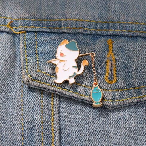 Cat Fishing Enamel Brooch Pin,Cute Cat Animal Metal Brooch Pins Creative Cat Fishing Design Enamel Brooch Cartoon Animal Badge Pin for Women Men in Kuwait