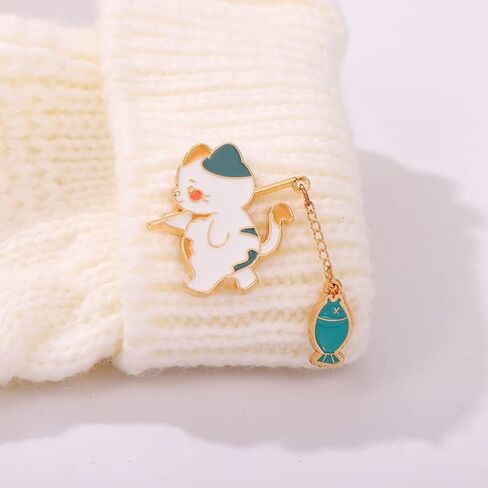 Cat Fishing Enamel Brooch Pin,Cute Cat Animal Metal Brooch Pins Creative Cat Fishing Design Enamel Brooch Cartoon Animal Badge Pin for Women Men in Kuwait