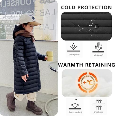 Boys Girls Long Lightweight Hooded Puffer Jacket Packable Autumn and Winter Long Down Coats in Kuwait