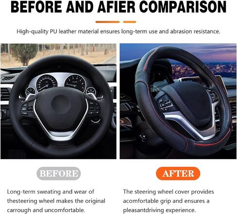 BELOMI Leather Car Steering Wheel Cover, Breathable Non-Slip Vehicle Steering Wheel Protectcor, Soft Auto Decoration Accessories, 15 inch Universal for Vehicles, SUVs, RVs and More（Black） in Saudi Arabia