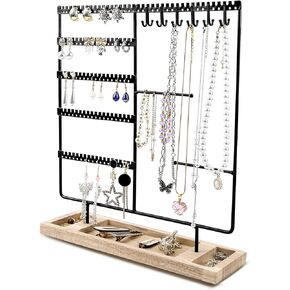 Jewelry Holder Organizer Stand Tree for Earring Necklace Ring Bracelets Display and Storage,5-Tier Ear Stud Holder with Wooden Tray,Black+Wood (White)