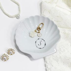 Shell Trinket Dish, Ceramic Initial Ring Holder/Jewelry Tray with Keychain, Cute Organizer Plate Vanity Decorations Accessories for Home Décor Bathroom, Birthday Gifts for Women, 4.6", (J)
