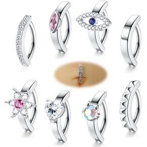 FIBO STEEL Clicker Belly Button Ring Belly Rings for Women 14G Surgical Steel Navel Ring Belly Piercing Jewelry Small Belly Button Ring Body Piercing Jewelry Heart Flower Evil Eye CZ Belly Ring