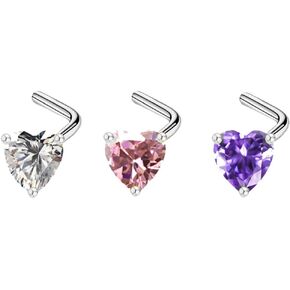 3 Pcs 20G Heart Nose Rings for Women Surgical Steel CZ Love Heart L-Shaped Nose Studs Screws Hypoallergenic Nostril Nose Piercing Jewelry