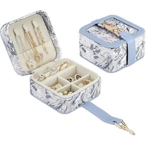 Travel Jewelry Box, Small Portable Jacquard Fabric Organizer Storage Case with Metal Lock Buckle, Travel Essentials Gift for Girls, Women (Grayish Blue)