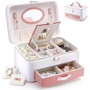 VELORIA 2Layers Leather Large Capacity Jewelry Box With Mirror, Travel Organizer Dustproof Jewelry Box For Women - White, with Big Space Storage, Mirror, and Portable Design A