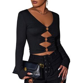 WDIRARA Women's Cut Out Ruched Crop T Shirt V Neck Long Sleeve Tee Top