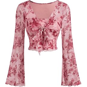 GORGLITTER Women's Floral Bow Crop Top Tee V Neck Flare Sleeve Mesh Lettuce Trim Blouse