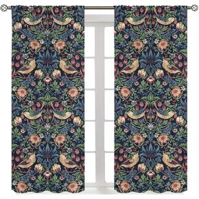 William Morris Floral Curtains,Watercolor Strawberry Thief Botanical Blue Floral Room Windows Treatments for Bedroom Living Room 42x45in Decor