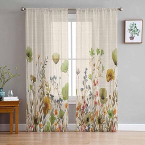 Green Flower Sheer Curtains 63 Inch Length 2 Panels Set, Semi Transparent Voile Rod Pocket Curtains for Living Dining Room Bedroom Drapes Pastoral Country French Plant Leaves Farmhouse