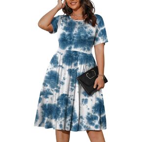 POSESHE Womens Plus Size Summer Dress 2024 Casual Short Sleeve Empire Waist Loose Fit Swing T-Shirt Dress with Pockets