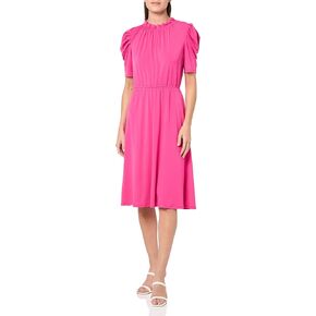 Adrianna Papell Women's Solid Knit Ruffle Neck Pleated Sleeve Midi Dress
