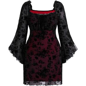 Verdusa Women's Plus Size Floral Mesh Layered Long Flare Sleeve Dress Bow Tie Gothic Short Dress