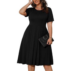 POSESHE Womens Plus Size Summer Dress 2024 Casual Short Sleeve Empire Waist Loose Fit Swing T-Shirt Dress with Pockets in Kuwait