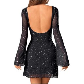 فساتين Floerns النسائية ذات الأكمام الطويلة الشبكية ذات طبعات الفهد والظهر بدون ظهر وحاشية واسعة على شكل حرف A