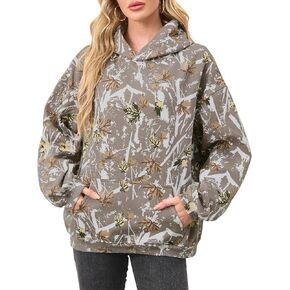 Women Camo Hoodies Maple Leaf Oversized Fleece Hooded Sweatshirt Loose Long Sleeve Pullover Top with Pocket Couple