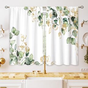 Green Gold Leaf Botanical Small Kitchen Curtains Window Treatment Plant Eucalyptus Cafe Short Window Curtains for Bathroom Dining Laundry Room Spring Tier Treatment Drapes 27.5x39 inch