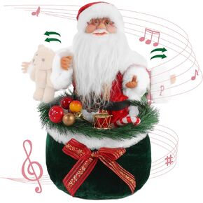 Christmas Santa Claus Figure Decoration,Collectible Figure Dancing Santa Claus with Music Holding The Bear and Standing Inside The Gift Bag - Induction Switch