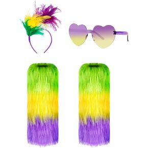 4PCS Mardi Gras Accessory Set Include Mardi Gras Furry Leg Cover Feather Headband and Mardi Gras Glasses, Mardi Gras Party Costume Outfit Set