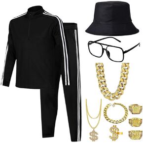 Mprocen 80s Costumes Men's 90s Tracksuit Clothing Retro Cool Old School Glasses Rapper Hat Hip Hop Track Suit Outfit Party