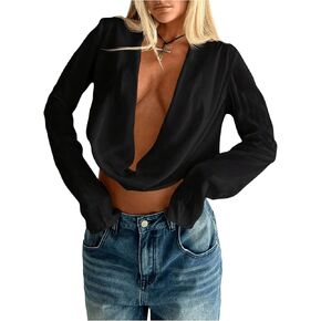 SOLY HUX Women's Deep V Neck Draped Crop Blouse Long Sleeve Shirts Going Out Cropped Tops