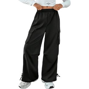 Verdusa Girl's Baggy Cargo Pants Wide Leg Elastic Waist Bow Tie Athletic Pants with Pocket