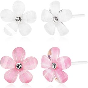 Plastic Earrings, KMEOSCH 2 Pairs Plastic Begonia Flowers Studs Earrings for Sensitive Ears (Pink & White)
