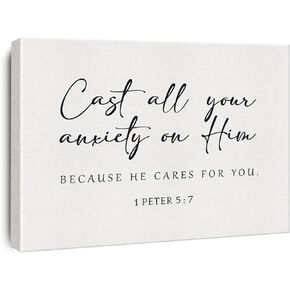 Bible Verse Canvas Print Decor Cast All Your Anxiety on Him 1 Peter 5 : 7 Wall Painting Posters Artwork 12"X15"Modern Home Office Decoration (Framed)