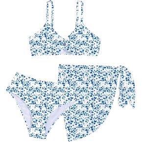 OYOANGLE Girl's 3 Piece Bikini Set Floral Print Drawstring Front Swimsuit with Cover Up Skirt