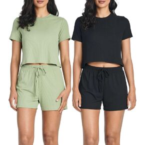 Real Essentials 2 Pack:Women's Soft Ribbed Knit Crop Top & Short Matching Lounge Set - 4 Piece Summer Sweatsuit