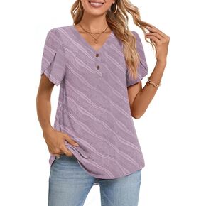 Bestbee Women's Short Sleeve Button-Down Shirts V Neck Tunic Tops Cute Summer Tops Casual T-Shirts Loose Fit Blouses