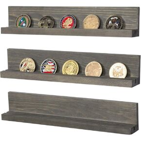 MyGift Wall Mounted White Washed Solid Wood Challenge Coin Holder, Casino Chip Collectors Display Rack, Single Row Military Coins Collection Shelf, Set of 3