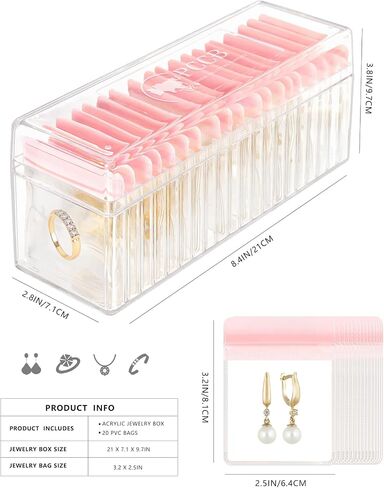 Acrylic Jewelry Box Organizer, Clear Jewelry Organizer and Storage with 20 Portable Anti Tarnish Jewelry bags, Travel Jewelry Case for Rings/Earrings/Necklaces Gift for Women Girls (Clear) in Saudi Arabia