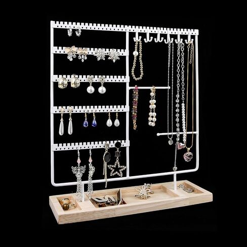 Jewelry Holder Organizer Stand Tree for Earring Necklace Ring Bracelets Display and Storage,5-Tier Ear Stud Holder with Wooden Tray,Black+Wood (White) in Saudi Arabia
